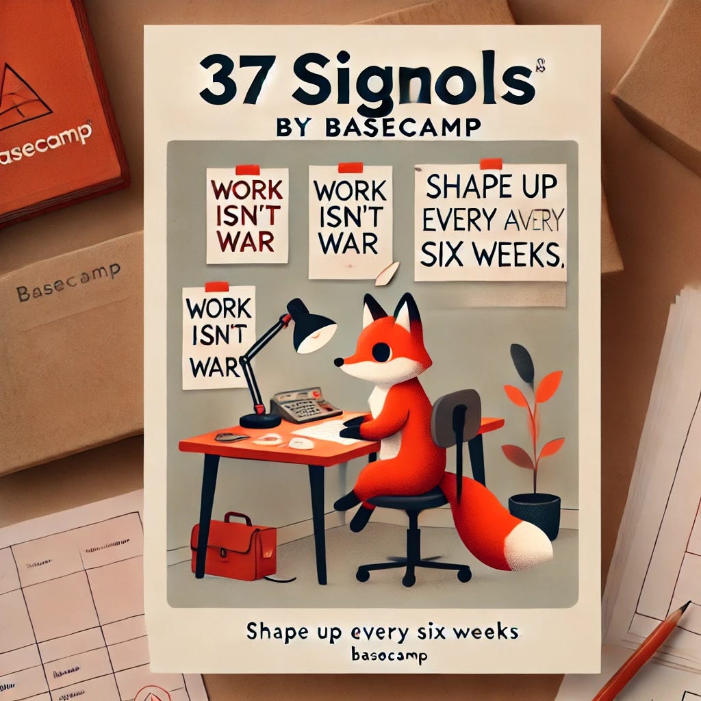 An illustration showcasing the '37 signals by Basecamp' with a minimalist and cozy office interior. A fox is sitting at a desk with papers labeled with the key values of Basecamp, like 'Work isn’t war' and 'Shape Up every Six weeks.' The atmosphere is warm and organized, representing the calm and structured approach of Basecamp.