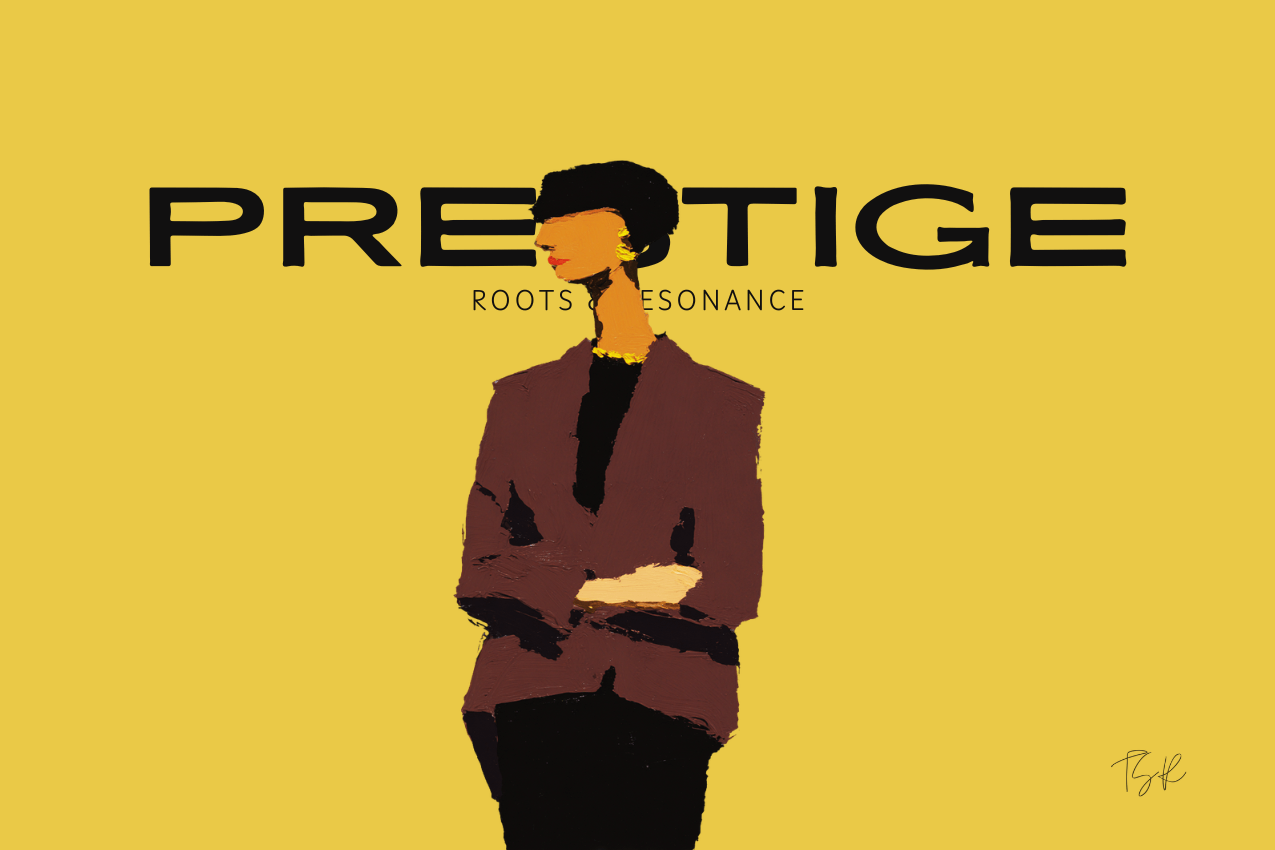 Cover image featuring a static, poised female figure wearing a suit jacket and gold jewelry. She’s integrated with the centered keyword PRESTIGE, set against a golden-yellow background. Part of the Roots & Resonance series at The Subtext Review.