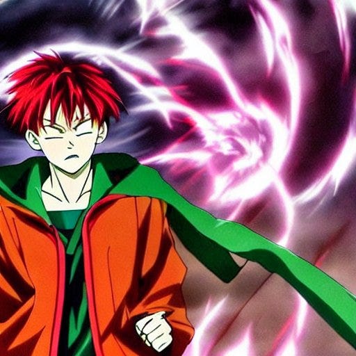 AI generated Chise with aura and light effects with red, Dragon Ball Z inspired hair. In her trademark green coat