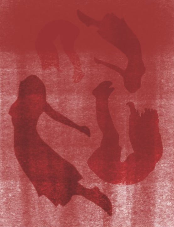 Red picture of two women falling in the air