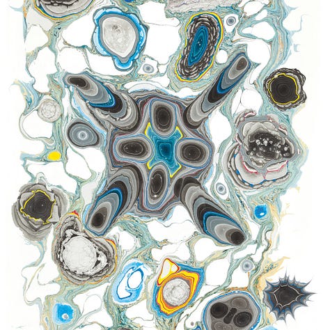 A gallery consisting of Khôra & Mas Aya's Primordial Mind album, and slow lit, vaguely psychedelic photos of the two artists.