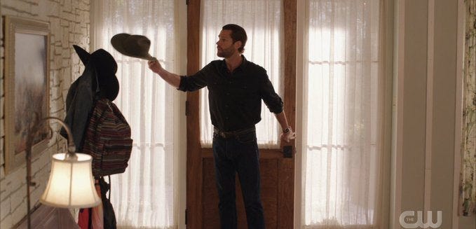 Jared Padalecki Walker tossing cowboy hat on hat rack 2.19. Jared Padalecki Walker tossing cowboy hat on hat rack 2.19.