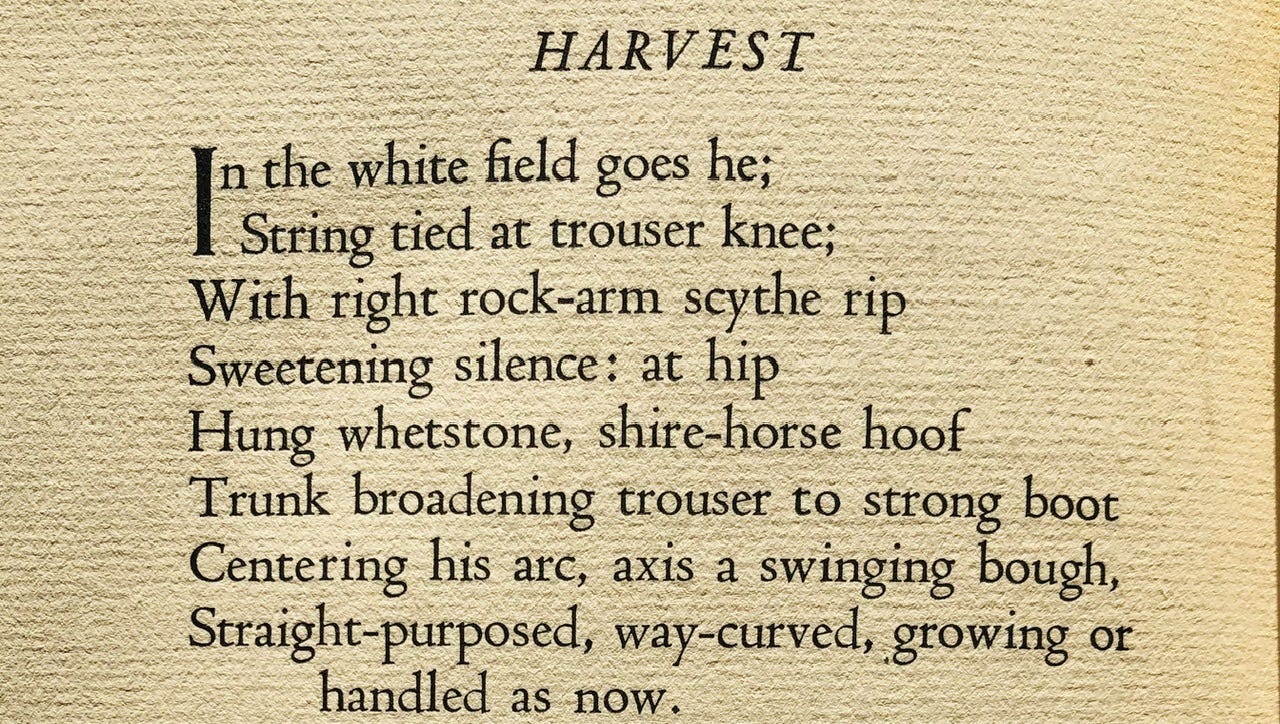 HARVEST In the white field goes he; String tied at trouser knee; With right rock-arm scythe rip Sweetening silence: at hip Hung whetstone, shire-horse hoof Trunk broadening trouser to strong boot Centering his arc, axis a swinging bough, Straight-purposed, way-curved, growing or handled as now.