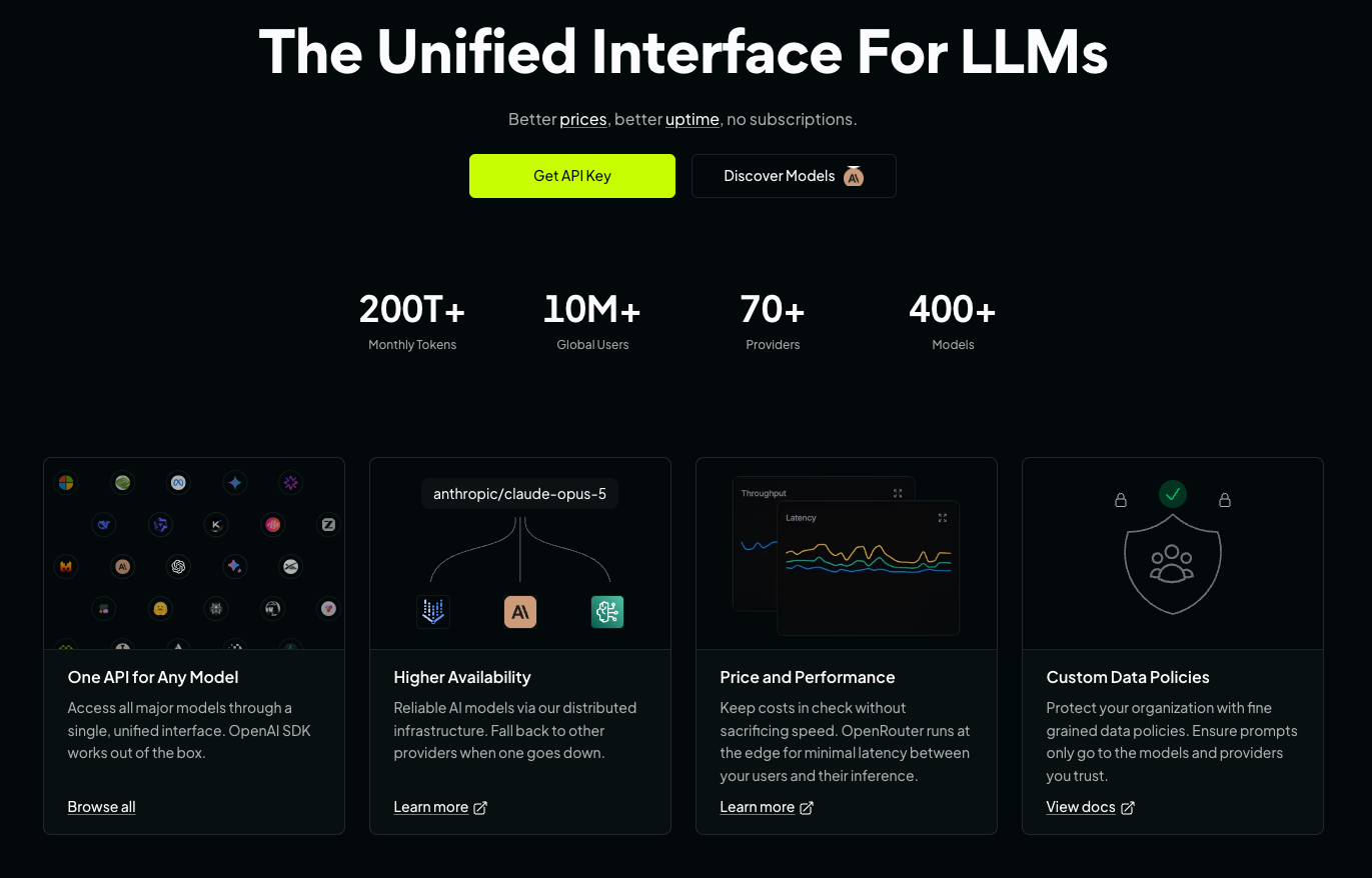 OpenRouter homepage offering one API for 400+ AI models, with Get API Key and Discover Models buttons