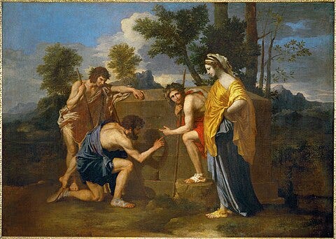 A 17th C painting by Nicholas Poussin depicting shepherds in an Arcadian landscape examining what appears to be a tomb