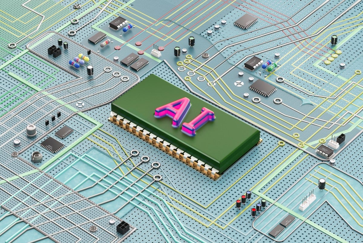 A complex electronic circuit board containing an artificial intelligence chip A complex electronic circuit board containing an artificial intelligence chip