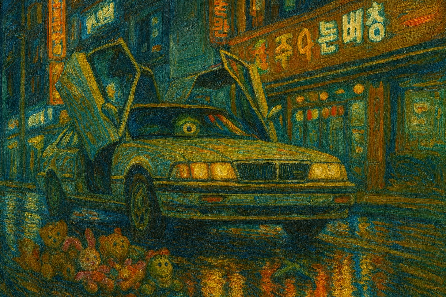 xpressionist oil painting of a silver sports car with gullwing doors open, parked on a neon-lit city street at night. Swirling brushstrokes in vivid blues, oranges, and yellows capture the reflections on the wet pavement. A cluster of plush toys sits on the ground in front, while a green frog with bulging eyes peers from inside the car. xpressionist oil painting of a silver sports car with gullwing doors open, parked on a neon-lit city street at night. Swirling brushstrokes in vivid blues, oranges, and yellows capture the reflections on the wet pavement. A cluster of plush toys sits on the ground in front, while a green frog with bulging eyes peers from inside the car.