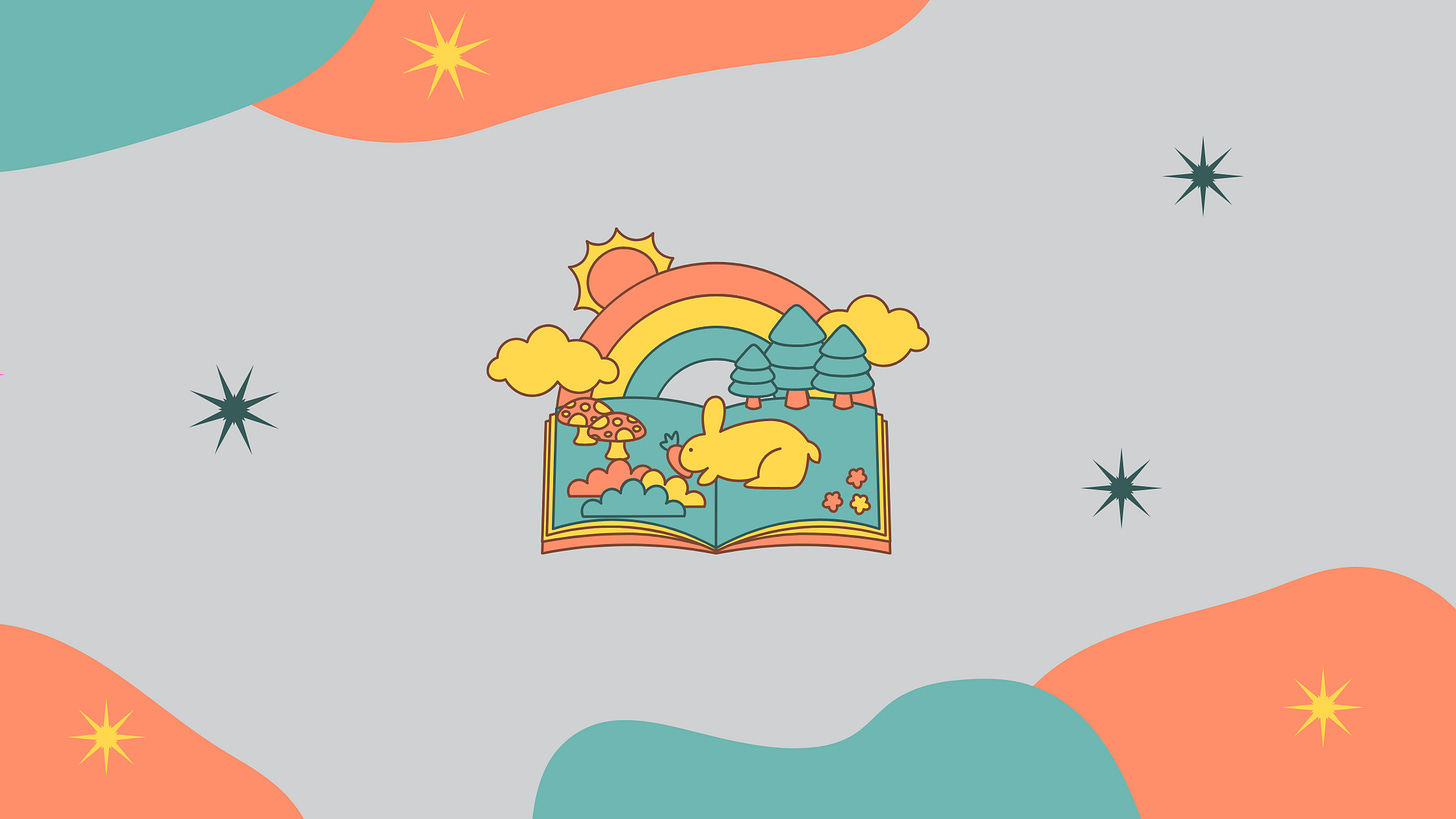 picture of a whimsical bunny emmerging from an open book with forest around it. Shapes and grey text in the background surrounding the image.