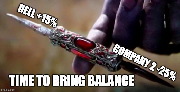 DELL +15%, the other position -25%, in the same five sessions. Time to bring balance. DELL +15%, the other position -25%, in the same five sessions. Time to bring balance.
