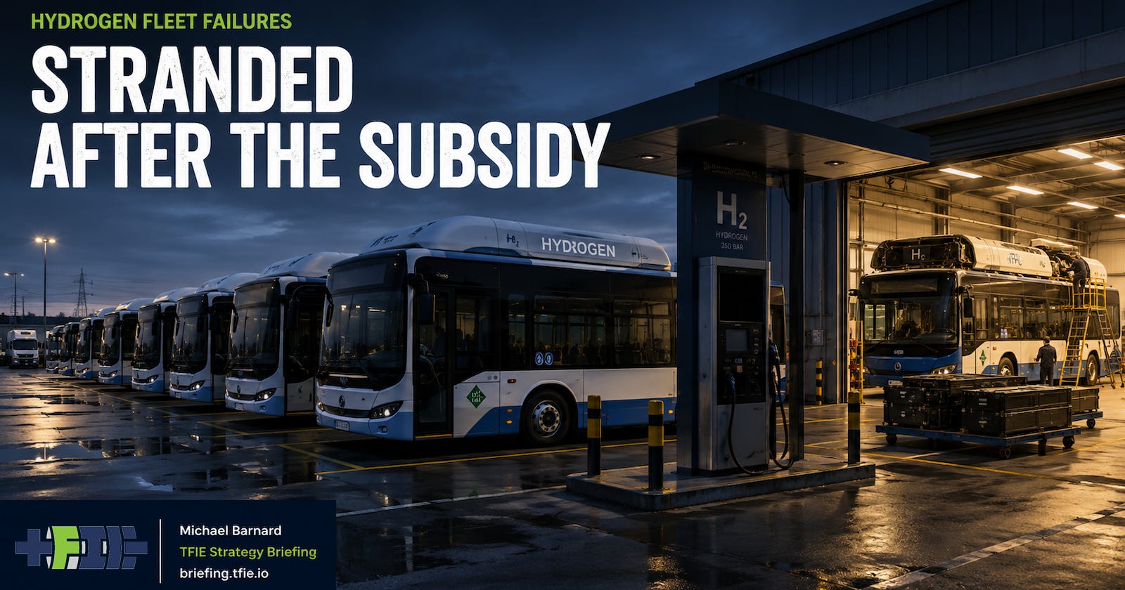 A row of clean but idle hydrogen buses sits beside a dark refueling station, while one bus enters a brightly lit workshop for conversion to battery power.