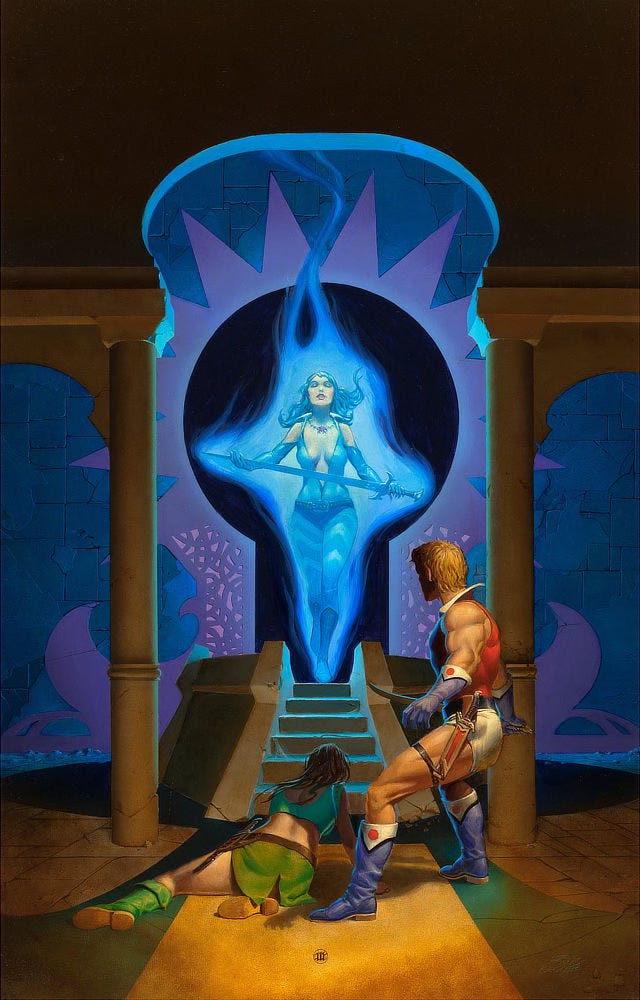 A woman enveloped in blue fire floats above a squat dais. Her eyes are closed as she holds out a sword with the flat of the blade laid out across her palm. Vibrant flame contrasts brilliantly against the black doorway behind her, a portal that is keyhole-shaped and bordered by a lavender starburst over blue stonework. The otherworldly vision of her is through a pillared arch. A woman lies prostrate on the patterned floor before her, propped on weary arms. A muscular swordsman hovers protectively seemingly caught in the moment by surprise. A woman enveloped in blue fire floats above a squat dais. Her eyes are closed as she holds out a sword with the flat of the blade laid out across her palm. Vibrant flame contrasts brilliantly against the black doorway behind her, a portal that is keyhole-shaped and bordered by a lavender starburst over blue stonework. The otherworldly vision of her is through a pillared arch. A woman lies prostrate on the patterned floor before her, propped on weary arms. A muscular swordsman hovers protectively seemingly caught in the moment by surprise.