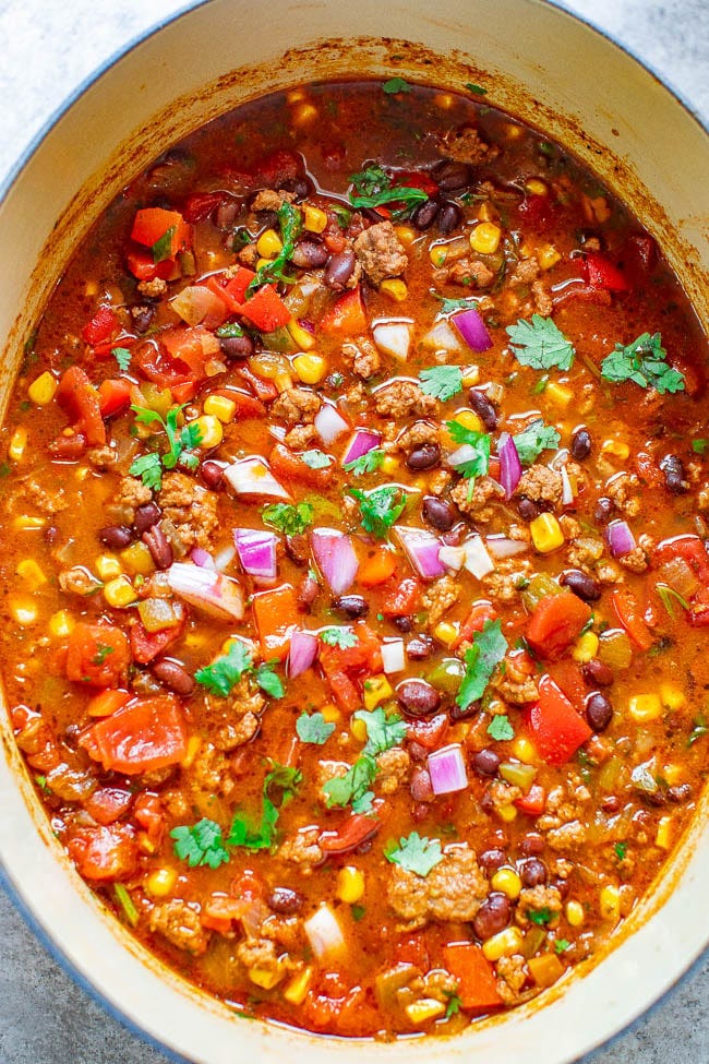 Overhead view of a pot of taco soup. 