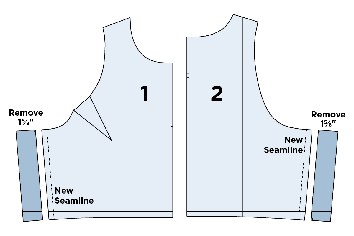 Austin Dress Bodice Front piece 1 and Bodice Back piece 2 with blue button bands and dashed new seamline marked on each side