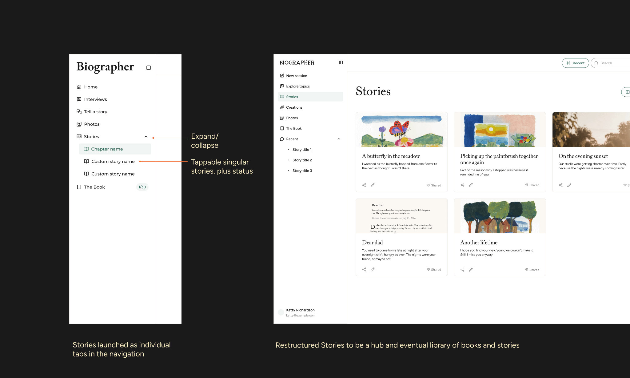 Two screenshots, left of the navigation bar explaining that Stories used to have individual entry points, then on the right showing we made a single Stories page to hold all stories, shifting it from the nav bar. Two screenshots, left of the navigation bar explaining that Stories used to have individual entry points, then on the right showing we made a single Stories page to hold all stories, shifting it from the nav bar.