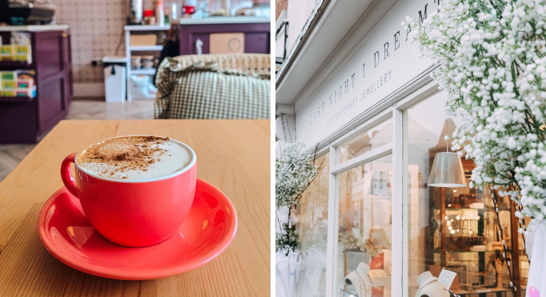 Two pictures - one of a red coffee cup on a table with purple counters behind it, and one of a white shopfront with white sprigs around it