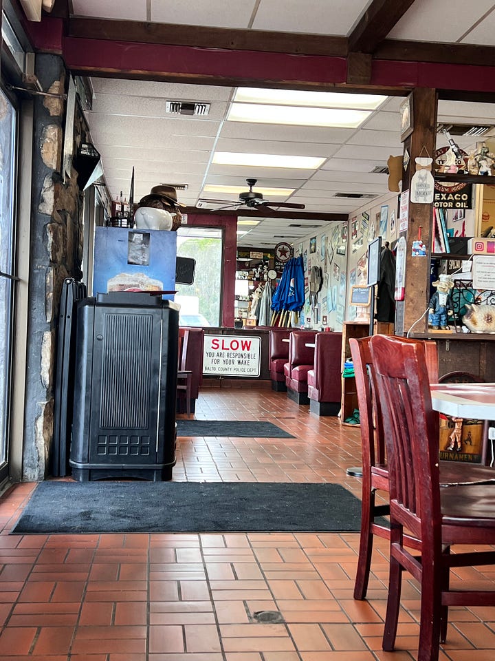 Various images of the inside and outside of Rusty’s Bar-b-q in Leeds Alabama