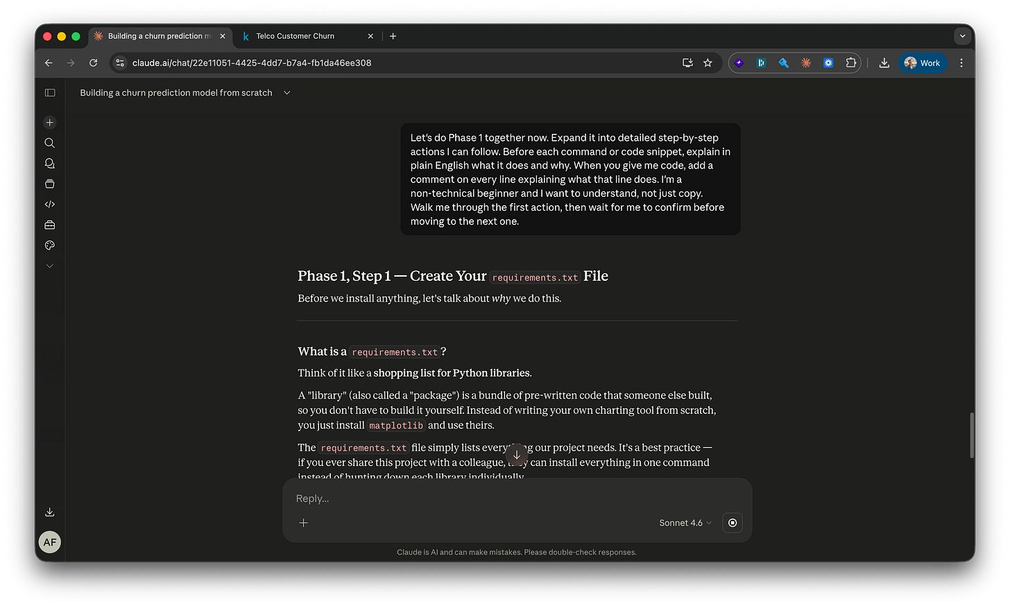 Claude.ai chat showing “What is a requirements.txt? Think of it like a shopping list for Python libraries” with eight pinned package versions