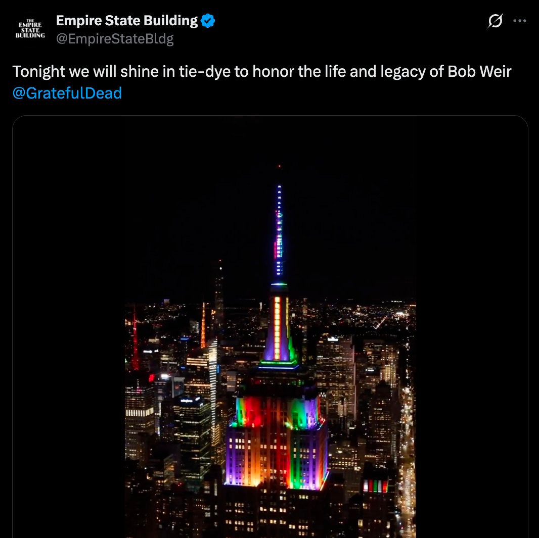 May be an image of text that says 'ENFIRE BUILDNG Empire State Building Tonight we will shine in tie-dye dye to honor the life and legacy of Bob Weir @GratefulDead ".. ・ ..BoHa H: ลคม'
