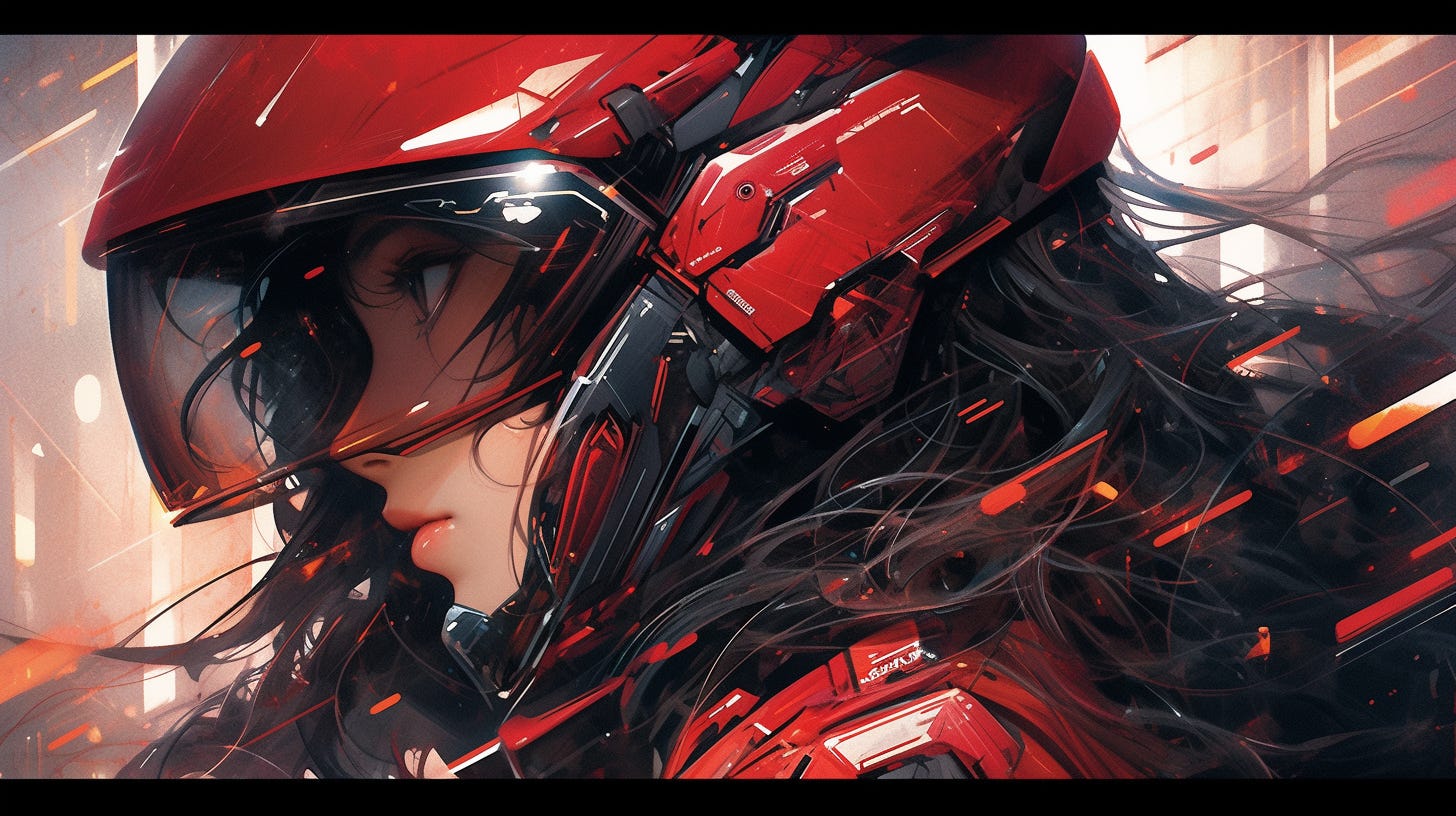 Close up of Woman in red biomechanical armor, wearing battle goggles,