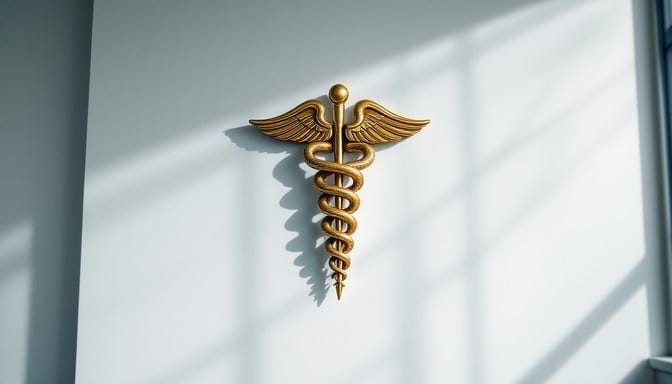 A gleaming golden caduceus stands proudly against a pristine white wall, its intricate serpent details catching the soft natural light streaming through nearby windows. This classic symbol of medicine creates a powerful presence in its modern setting, while gentle shadows emphasize its three-dimensional form. The professional mounting and careful placement reflect the dignity of healthcare, combining ancient symbolism with contemporary design in a way that speaks to both tradition and progress. A gleaming golden caduceus stands proudly against a pristine white wall, its intricate serpent details catching the soft natural light streaming through nearby windows. This classic symbol of medicine creates a powerful presence in its modern setting, while gentle shadows emphasize its three-dimensional form. The professional mounting and careful placement reflect the dignity of healthcare, combining ancient symbolism with contemporary design in a way that speaks to both tradition and progress.