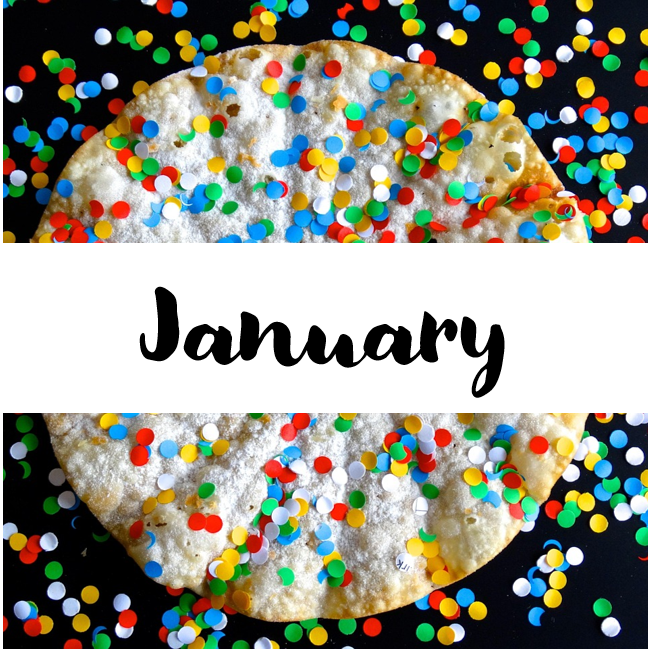 A galette with colourful sprinkles on top. The text reads "January"