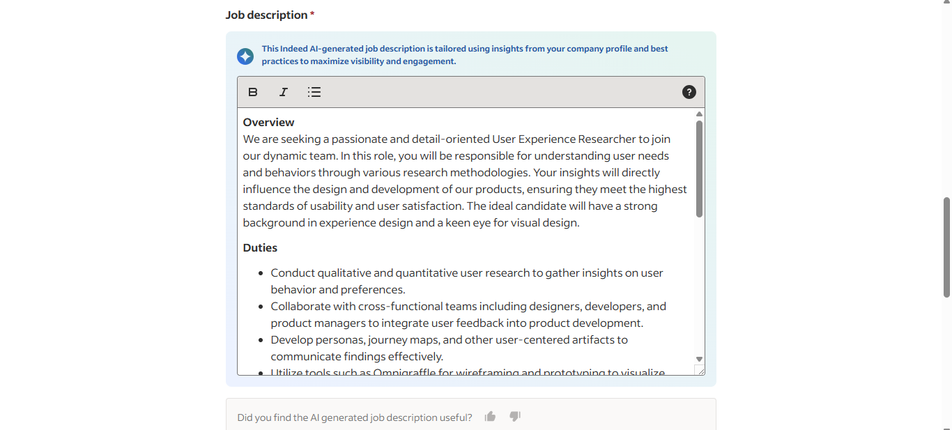Indeed's AI generated job post with canned statements.