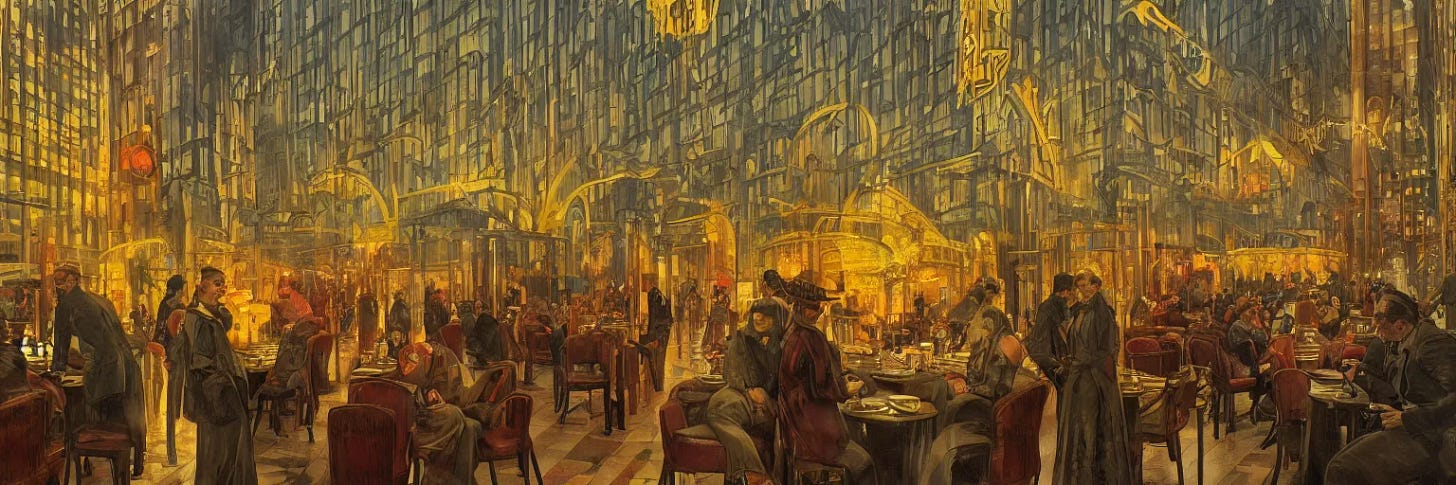 Prompt: Babylon Berlin. Night. Crowded Art deco restaurant. Berlin, late golden 1920s. Gropius. Metropolis. Mist. Highly detailed. Hyper-realistic. Cheerful. Merry mood. Warm colors. Dynamic composition. Matte painting in the style of Eddie Mendoza, Alphonse Mucha Prompt: Babylon Berlin. Night. Crowded Art deco restaurant. Berlin, late golden 1920s. Gropius. Metropolis. Mist. Highly detailed. Hyper-realistic. Cheerful. Merry mood. Warm colors. Dynamic composition. Matte painting in the style of Eddie Mendoza, Alphonse Mucha