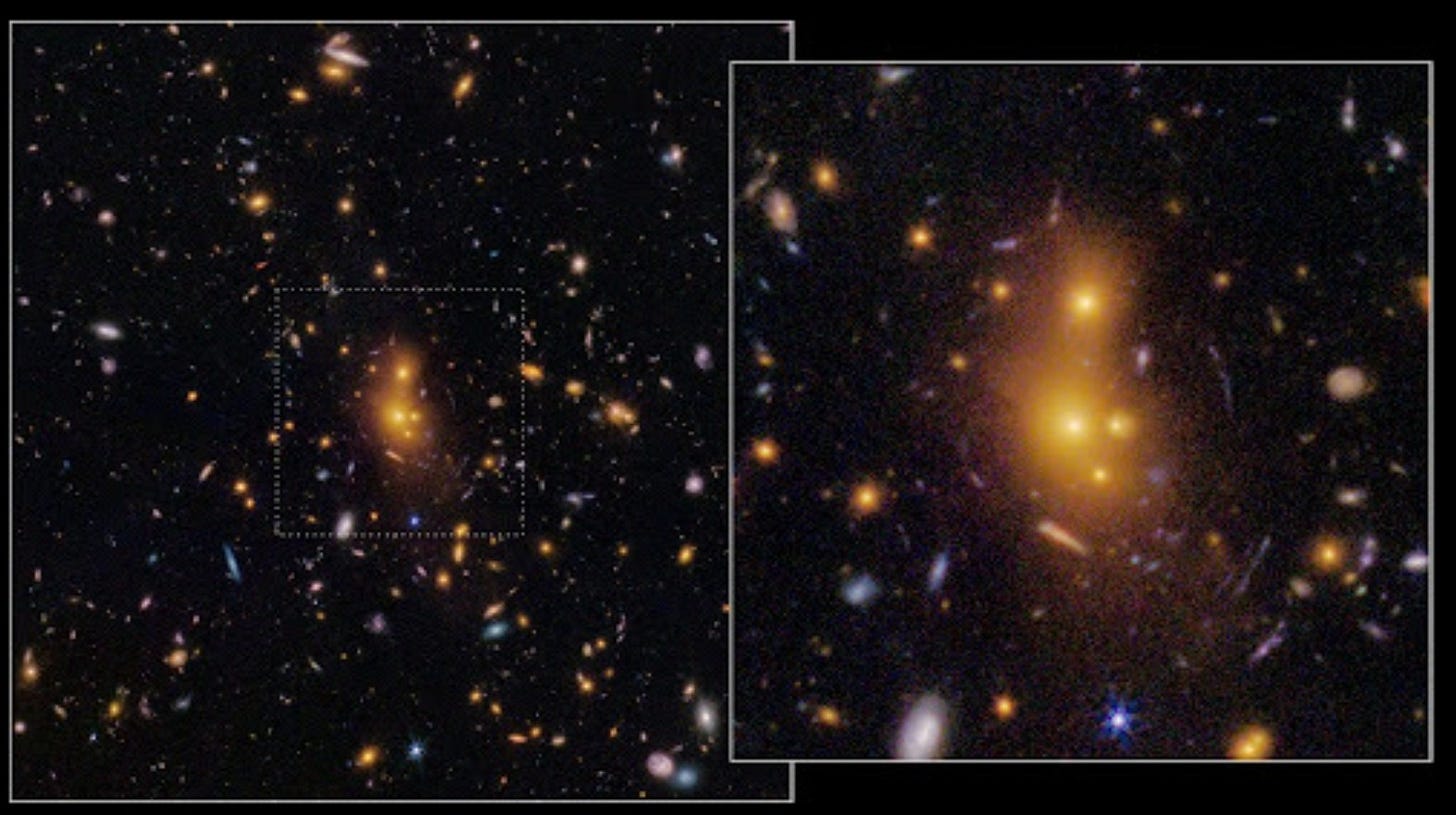 A cluster of distant galaxies, possibly the most distant lens cluster, appears as bright, orange-yellow smudges among numerous stars in a dark space background, with a zoomed-in section highlighted—offering a glimpse into hidden dark matter. A cluster of distant galaxies, possibly the most distant lens cluster, appears as bright, orange-yellow smudges among numerous stars in a dark space background, with a zoomed-in section highlighted—offering a glimpse into hidden dark matter.