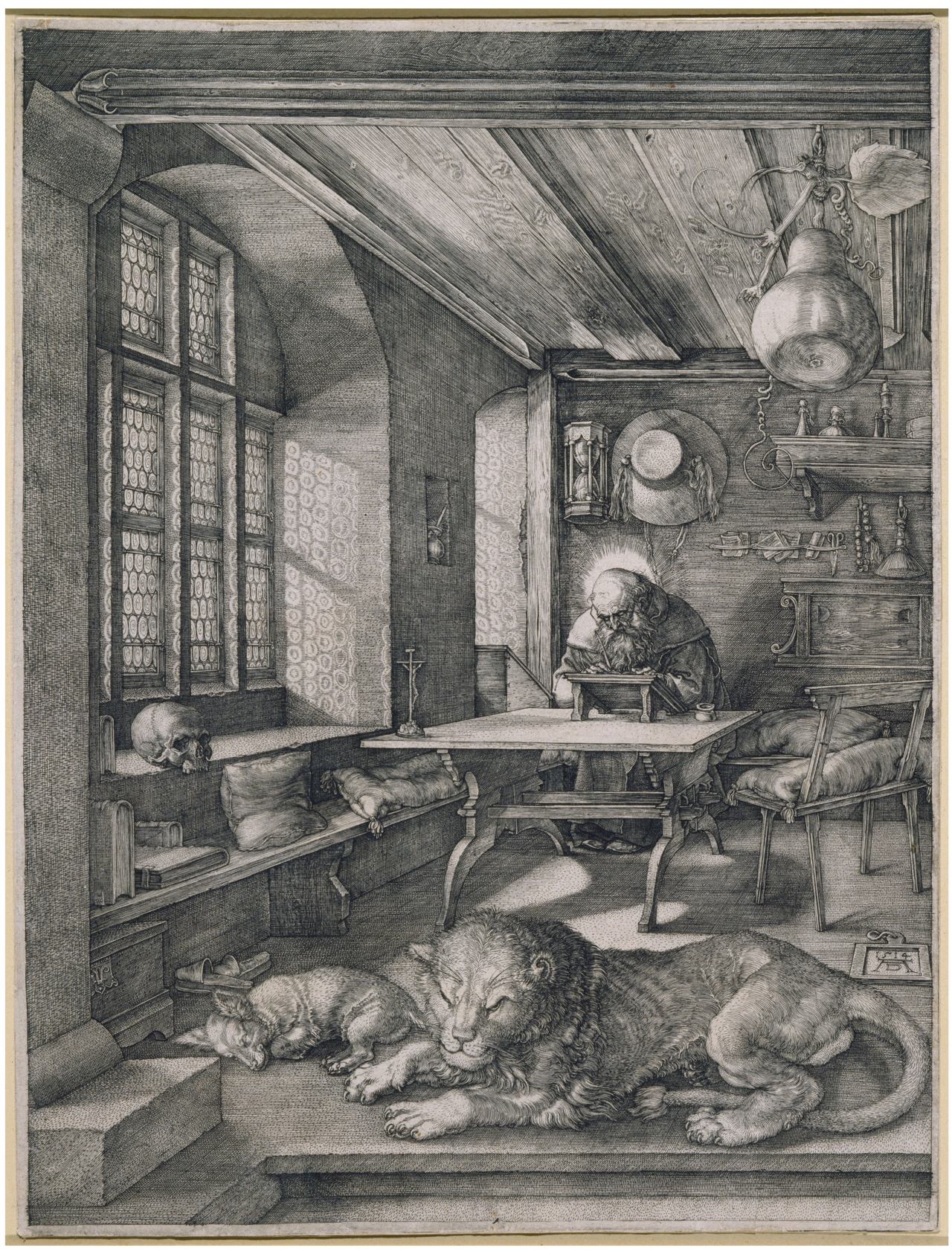 A lion dozing on the floor of a saint sunlit study A lion dozing on the floor of a saint sunlit study