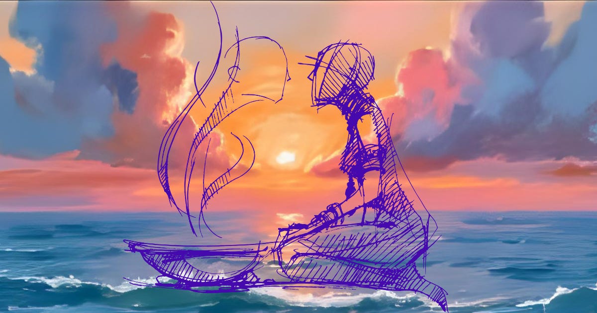 An ethereal aquatic figure glowing in purple and orange light, performing a ritualized gesture beneath a setting sun, embodying language as sacred performance.