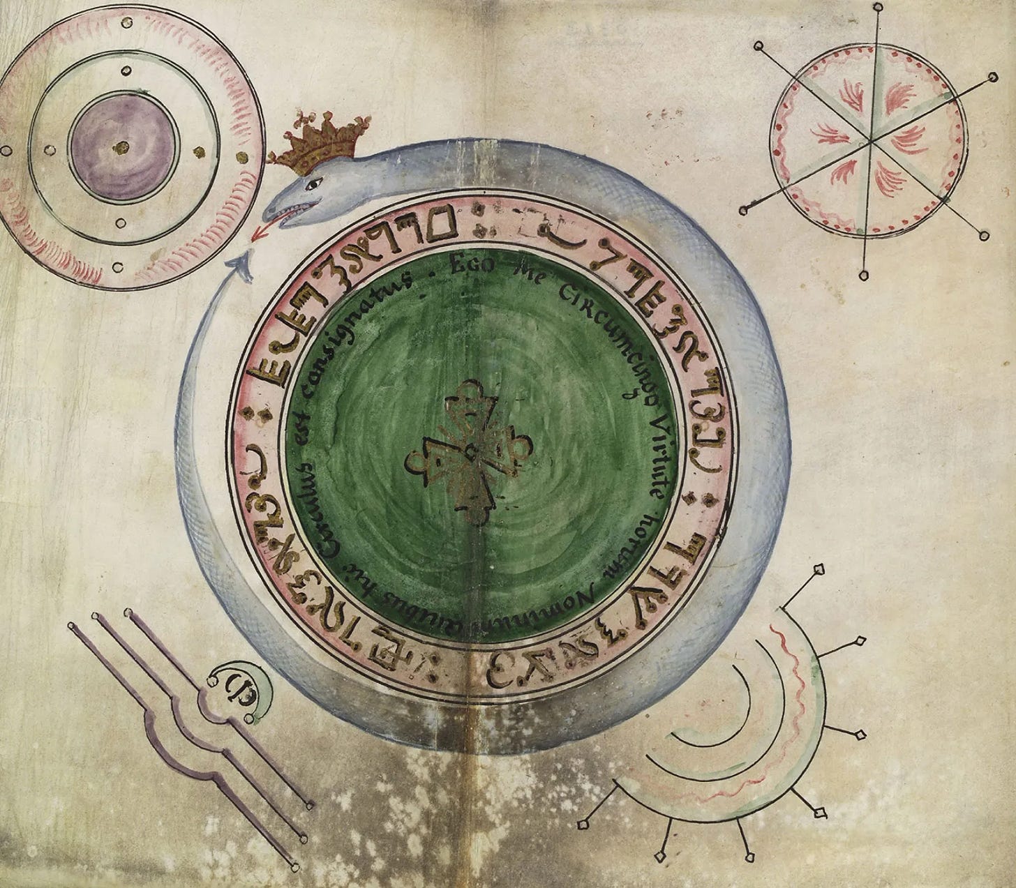 The ouroboros from an 18th-century occult manuscript, the serpent swallowing its tail, the exact shape my energy takes in the sexual transmutation practice