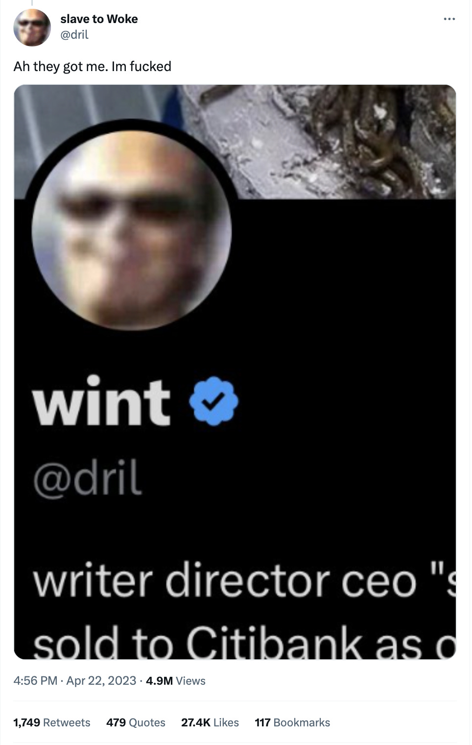 Dril tweet: "Ah they got me. Im fucked."
