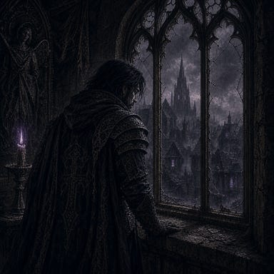 Brooding knight Fleetwood looking out the window of St. Andral’s Church, using his Armitage‑inspired palette but not resembling any real person Brooding knight Fleetwood looking out the window of St. Andral’s Church, using his Armitage‑inspired palette but not resembling any real person