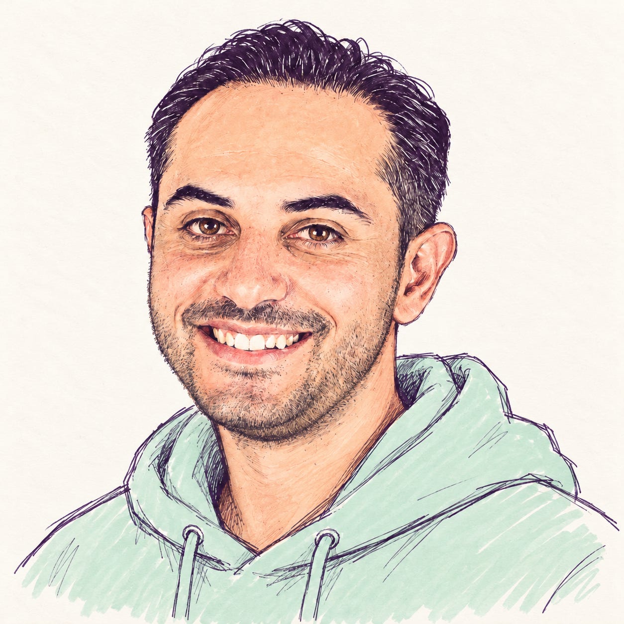 Illustrated portrait of Marlon Grech smiling in a mint hoodie. Illustrated portrait of Marlon Grech smiling in a mint hoodie.