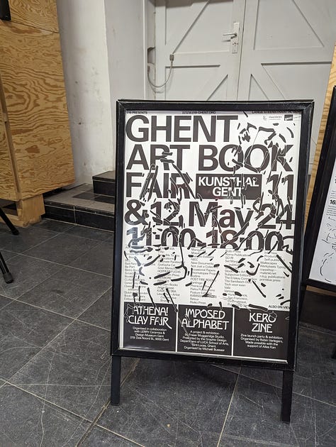 Nine images showing Soi Books’ year in action—creating new publications, attending art book fairs (Ghent, Unlock), collaborating with Chemistry Publishing, exploring shops, putting up stickers, enjoying hearty breakfasts, and grabbing drinks—celebrating independent publishing and creative collaboration.