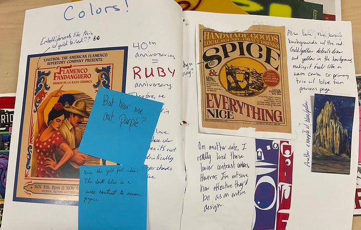 An assortment of scrapbooks of different design elements like colors, patterns, and text with student notes