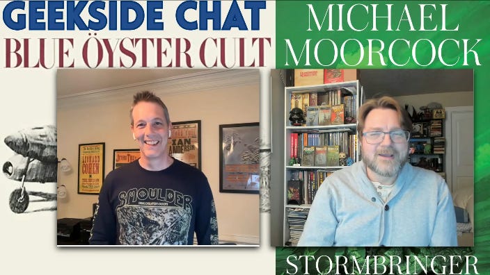 An old lump of coal, wearing a Smoulder band shirt and smiling, stands against a Blue Oyster Cult Secret Treaties backdrop. On the right side, a wise looking gentleman is speaking against a Michael Moorcock Stormbringer backdrop. 