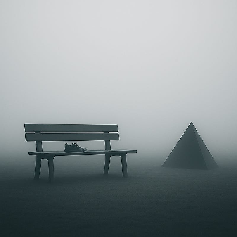 A bench in fog, a single shoe, a triangle. A bench in fog, a single shoe, a triangle.