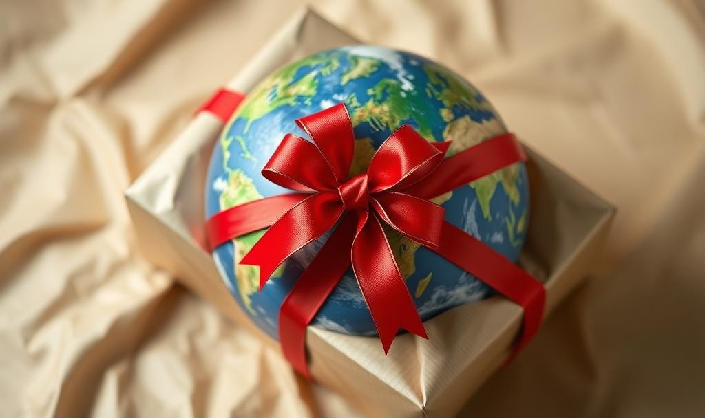 World wrapped in paper with a bow.