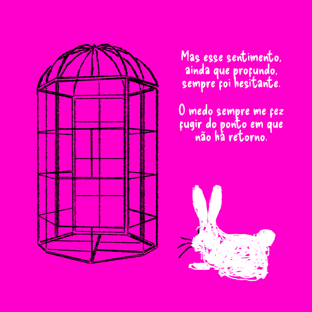 Um coelho observa uma enorme gaiola de ferro preta.   Texto: Mas esse sentimento, ainda que profundo, sempre foi hesitante. O medo sempre me fez fugir do ponto que não há retorno.