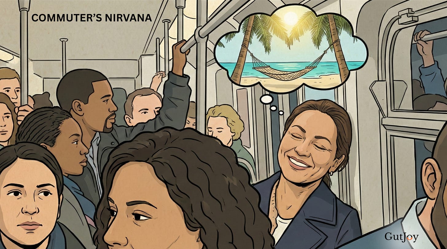 Illustration of a smiling woman with eyes closed on a crowded subway train, with a thought bubble showing a peaceful beach scene with palm trees and hammock above her head, contrasting her serene mental state with the busy commute around her. Illustration of a smiling woman with eyes closed on a crowded subway train, with a thought bubble showing a peaceful beach scene with palm trees and hammock above her head, contrasting her serene mental state with the busy commute around her.