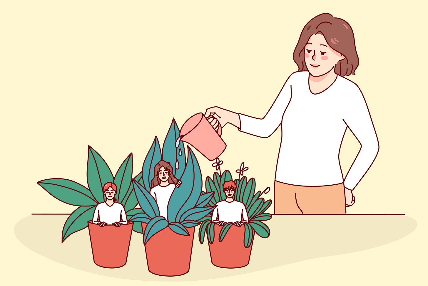 Vector image of a female coach watering plants with individuals in there. This symbolises growth in knowledge through mentoring and coaching