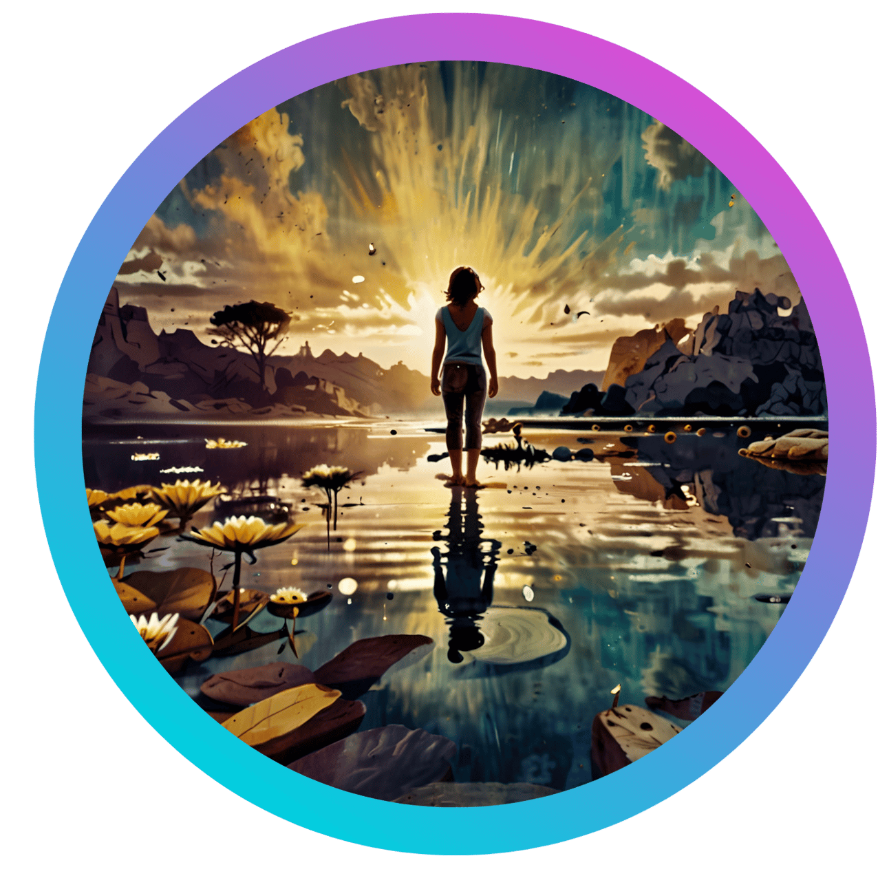 The image portrays a serene and picturesque landscape where a lone figure stands at the edge of a reflective water body, possibly a lake or a pond. The figure is facing away from the viewer, gazing towards a breathtaking sunset or sunrise. The sky is ablaze with vibrant colors, ranging from golden yellows and oranges to deep blues and purples, suggesting the time of day is either dawn or dusk. The water is remarkably still, creating a mirror-like surface that reflects the dramatic sky and the silhouetted figure. Around the figure's feet, the water is shallow, allowing for the presence of delicate, blooming water lilies that add a touch of nature's beauty to the scene. Rocks and foliage border the water, enhancing the natural feel of the environment. In the background, the landscape is dotted with rugged hills or mountains, partially shrouded in the soft, warm light. A solitary tree stands out on the left side, adding a sense of scale and balance to the composition. The image is enclosed in a circular frame with a gradient border that transitions from a light blue to purple, creating a modern and visually appealing presentation. The overall mood of the artwork is tranquil and contemplative, inviting the viewer to imagine the thoughts and emotions of the solitary figure in this stunning natural setting.