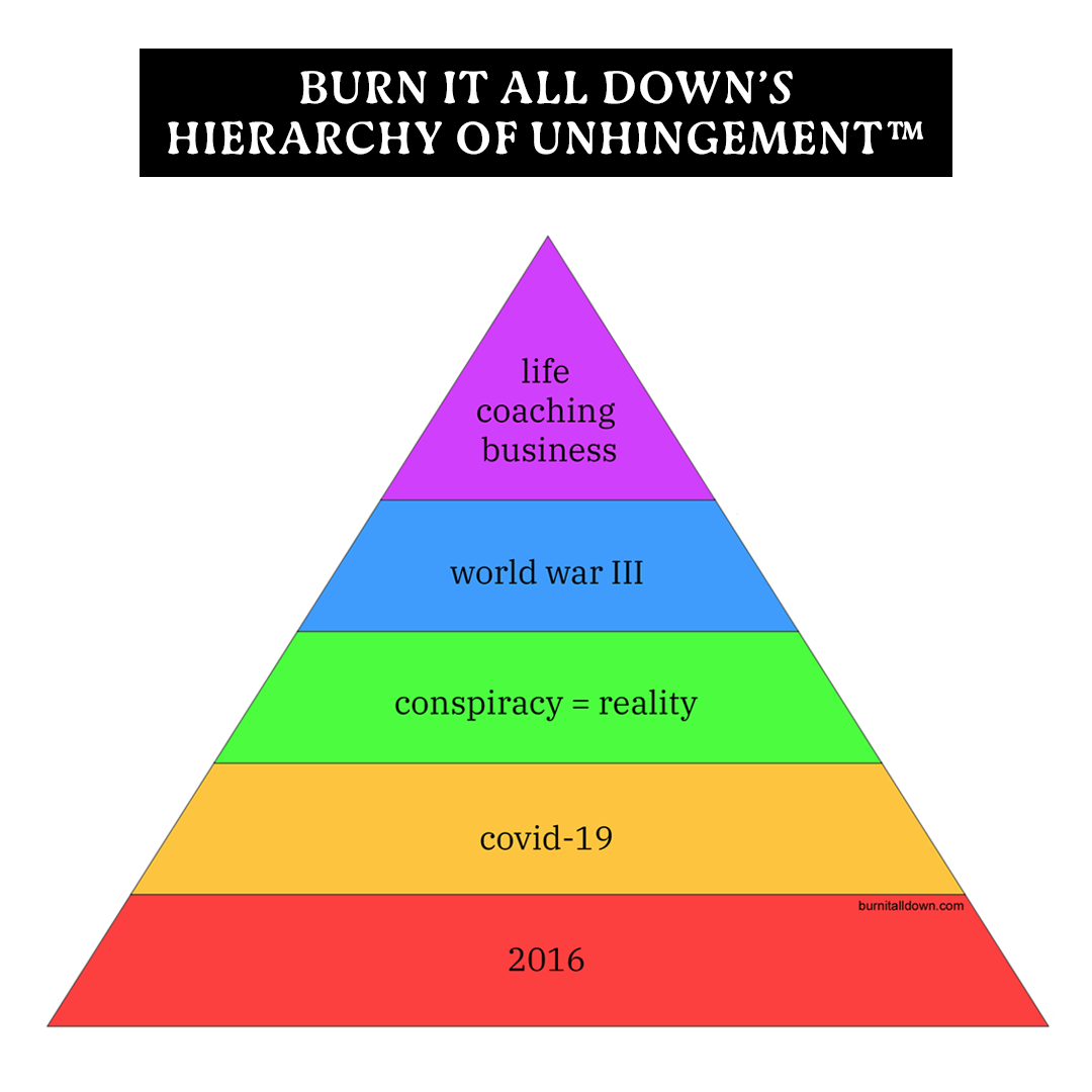 A pyramid chart titled “BURN IT ALL DOWN’S HIERARCHY OF UNHINGEMENT” with five labeled levels (from bottom to top): 2016, covid-19, conspiracy = reality, world war 3, life coaching business.