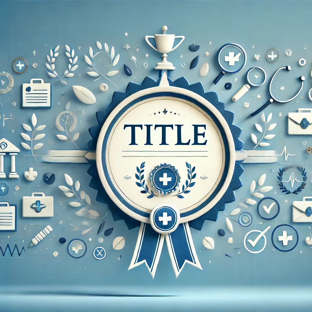An abstract illustration symbolising professional titles in healthcare. A stylised scroll or diploma labeled 'TITLE' floats in a clean, symbolic space surrounded by icons representing expertise, checkmarks, and clinical excellence (e.g., magnifying glass, laurel wreath, stethoscope). The colour scheme is blue, white, and gold, with a modern, minimalistic design. The image conveys the idea of credentialing, recognition, and professional hierarchy in allied health.