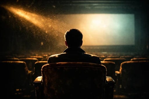 A silhouetted figure sits alone in a movie theater, watching the glowing screen in front of them