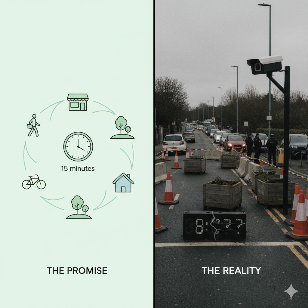 Split-screen image contrasting 15-minute city theory with Bristol implementation: left shows simple line drawings of walking person, bicycle, shop, trees and home connected by arrows around a clock showing 15 minutes with text "THE PROMISE"; right shows photograph of congested traffic on grey day with ANPR surveillance camera, concrete planters blocking road, traffic cones, and vehicles queued behind barriers with text "THE REALITY" Split-screen image contrasting 15-minute city theory with Bristol implementation: left shows simple line drawings of walking person, bicycle, shop, trees and home connected by arrows around a clock showing 15 minutes with text "THE PROMISE"; right shows photograph of congested traffic on grey day with ANPR surveillance camera, concrete planters blocking road, traffic cones, and vehicles queued behind barriers with text "THE REALITY"