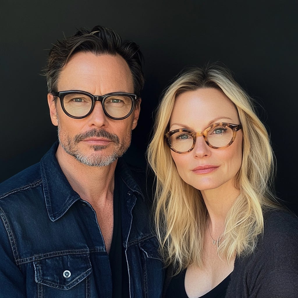 Mark and Samantha, reimagined by MidJourney. A close-up portrait of a man and woman, both wearing glasses, with a dark background. The man has short hair and a beard, while the woman has blonde hair and a confident expression. Mark and Samantha, reimagined by MidJourney. A close-up portrait of a man and woman, both wearing glasses, with a dark background. The man has short hair and a beard, while the woman has blonde hair and a confident expression.