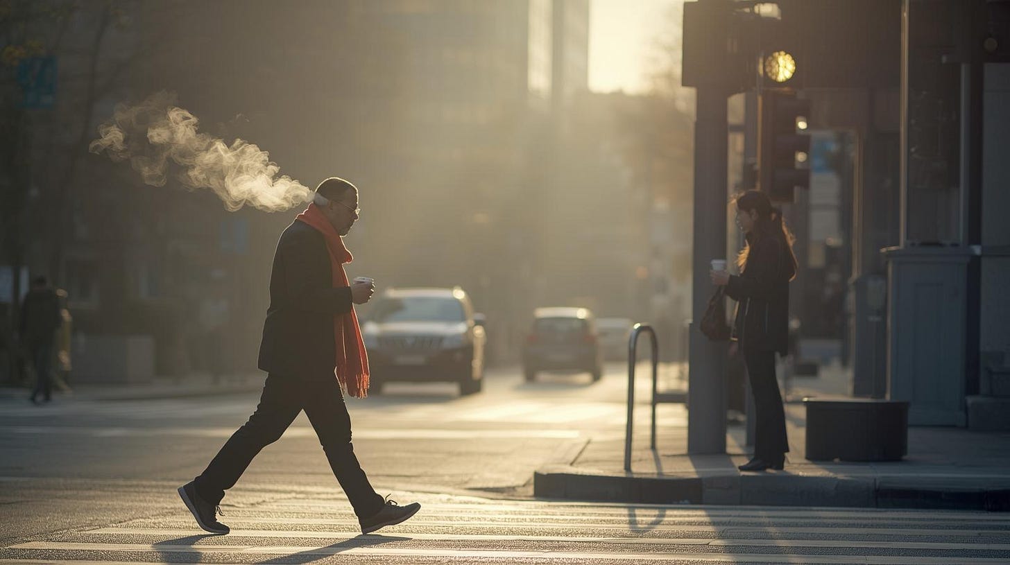 man crossing the street with a red scarf on and carrying a cup of coffee.