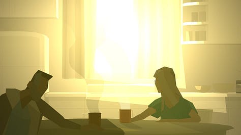 A screenshot from Kentucky Route Zero showing a view of powerlines on a darkened street; A Screenshot of Kentucky Route Zero showing a closeup of a telephone; A screenshot of Kentucky Route Zero showing two characters in a room that seems to be engulfed in yellow warm light